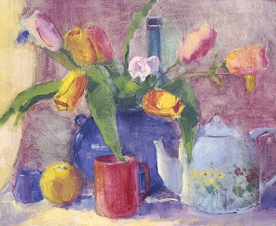 Still Life with Red Cup and Tulips